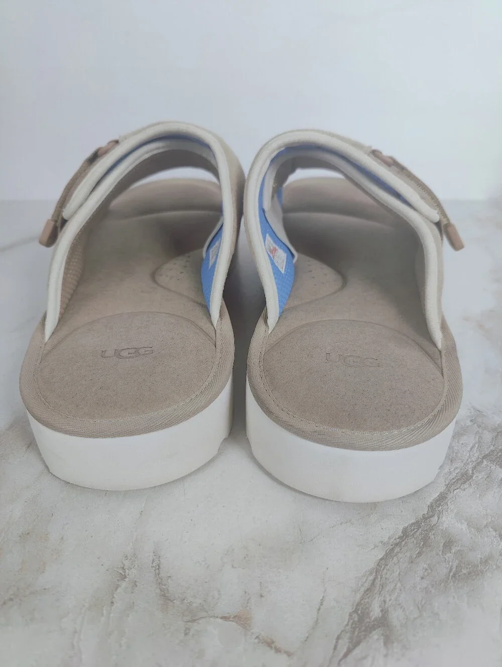 UGG Goldencoast Strap Slide Sand/Santorini Tan White Slip On Sandals Slides, 14